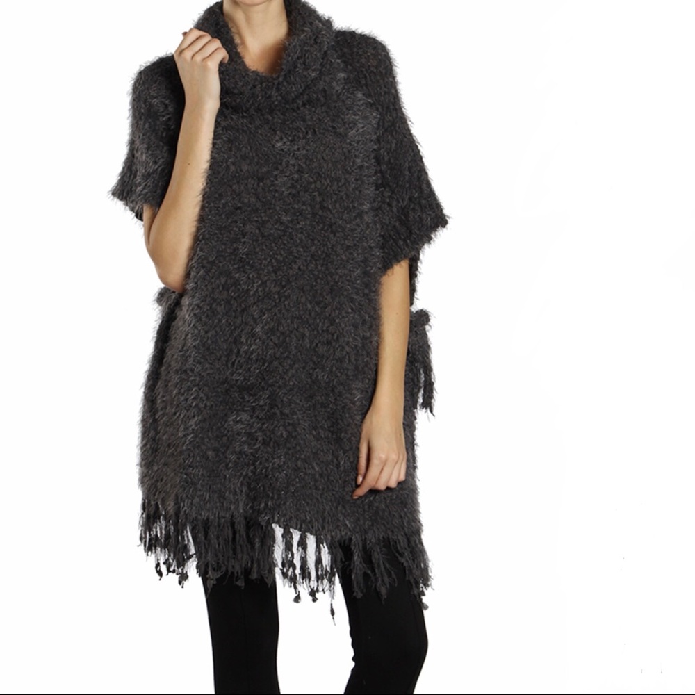 ❌SOLD❌A’reve grey fringe cowl neck sweater poncho Anthro - Picture 1 of 8